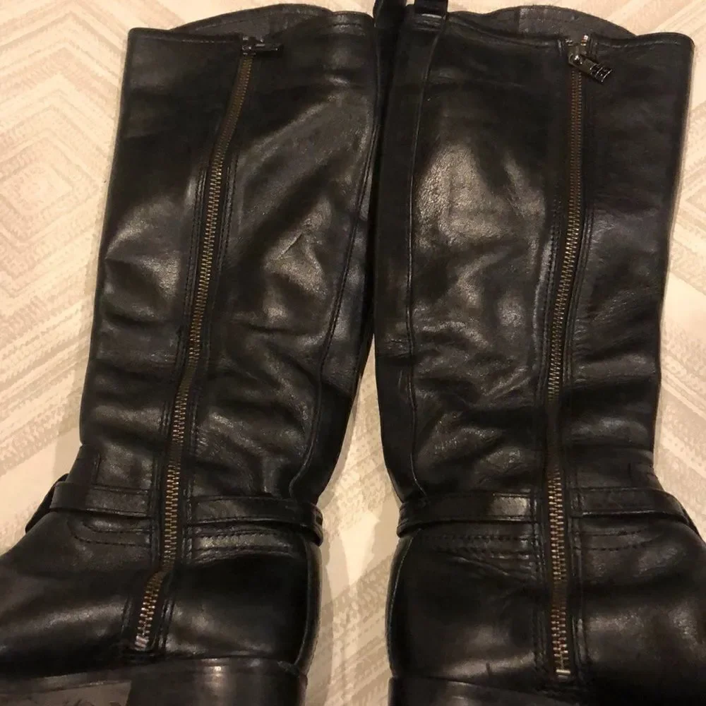 Tory Burch Aaden Black Leather Riding Boots Size 6 Silver Logo Tall Knee High